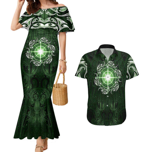New Zealand Matariki Tupuarangi Couples Matching Mermaid Dress and Hawaiian Shirt Maori Moko Green Galaxy