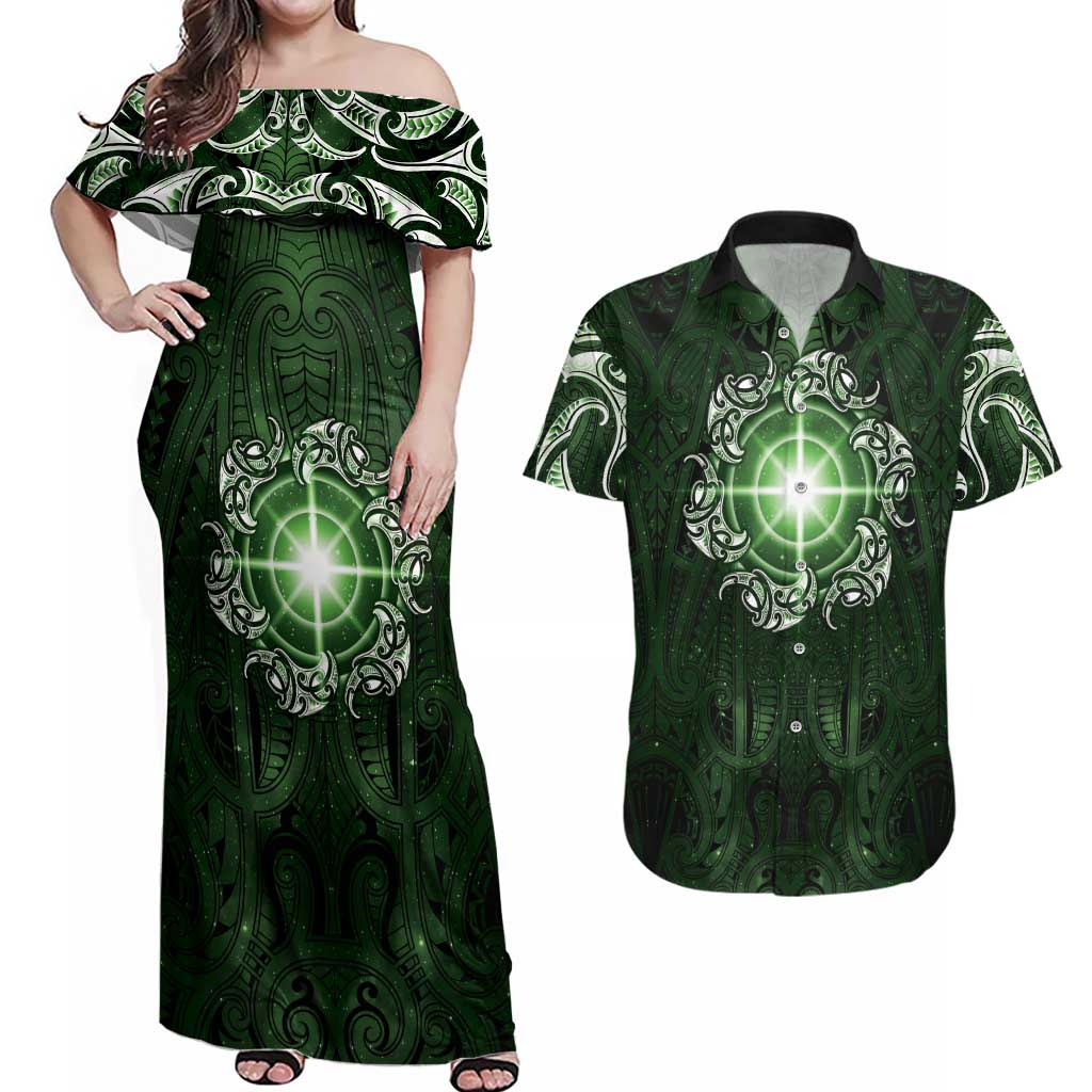 New Zealand Matariki Tupuarangi Couples Matching Off Shoulder Maxi Dress and Hawaiian Shirt Maori Moko Green Galaxy