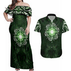 New Zealand Matariki Tupuarangi Couples Matching Off Shoulder Maxi Dress and Hawaiian Shirt Maori Moko Green Galaxy