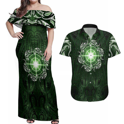 New Zealand Matariki Tupuarangi Couples Matching Off Shoulder Maxi Dress and Hawaiian Shirt Maori Moko Green Galaxy