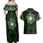 New Zealand Matariki Tupuarangi Couples Matching Off Shoulder Maxi Dress and Hawaiian Shirt Maori Moko Green Galaxy