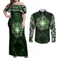 New Zealand Matariki Tupuarangi Couples Matching Off Shoulder Maxi Dress and Long Sleeve Button Shirt Maori Moko Green Galaxy
