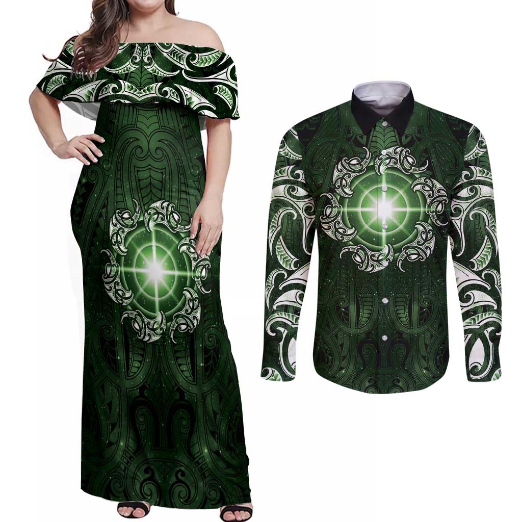 New Zealand Matariki Tupuarangi Couples Matching Off Shoulder Maxi Dress and Long Sleeve Button Shirt Maori Moko Green Galaxy