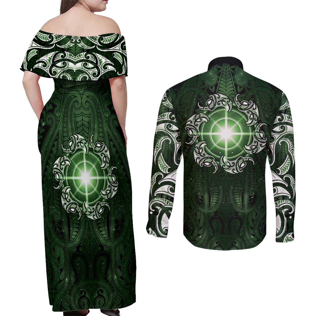 New Zealand Matariki Tupuarangi Couples Matching Off Shoulder Maxi Dress and Long Sleeve Button Shirt Maori Moko Green Galaxy