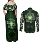New Zealand Matariki Tupuarangi Couples Matching Off Shoulder Maxi Dress and Long Sleeve Button Shirt Maori Moko Green Galaxy