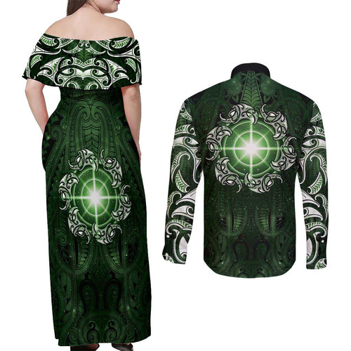 New Zealand Matariki Tupuarangi Couples Matching Off Shoulder Maxi Dress and Long Sleeve Button Shirt Maori Moko Green Galaxy