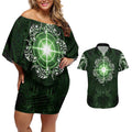New Zealand Matariki Tupuarangi Couples Matching Off Shoulder Short Dress and Hawaiian Shirt Maori Moko Green Galaxy