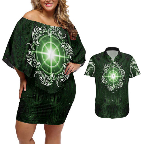 New Zealand Matariki Tupuarangi Couples Matching Off Shoulder Short Dress and Hawaiian Shirt Maori Moko Green Galaxy