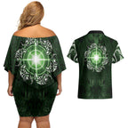 New Zealand Matariki Tupuarangi Couples Matching Off Shoulder Short Dress and Hawaiian Shirt Maori Moko Green Galaxy