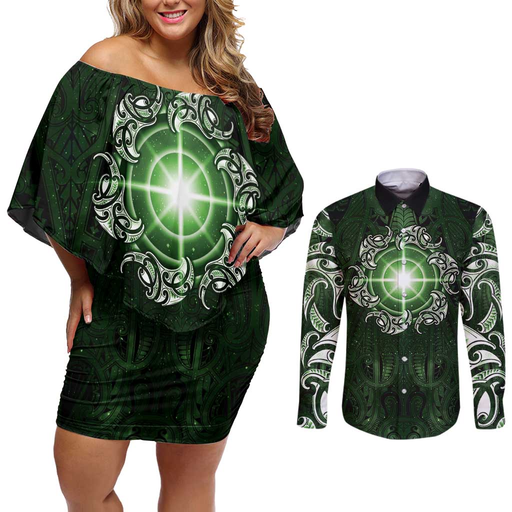New Zealand Matariki Tupuarangi Couples Matching Off Shoulder Short Dress and Long Sleeve Button Shirt Maori Moko Green Galaxy