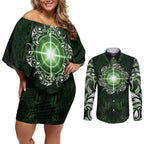 New Zealand Matariki Tupuarangi Couples Matching Off Shoulder Short Dress and Long Sleeve Button Shirt Maori Moko Green Galaxy