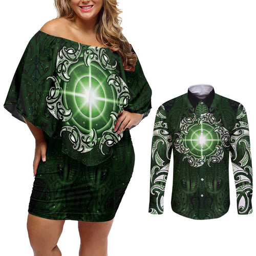 New Zealand Matariki Tupuarangi Couples Matching Off Shoulder Short Dress and Long Sleeve Button Shirt Maori Moko Green Galaxy
