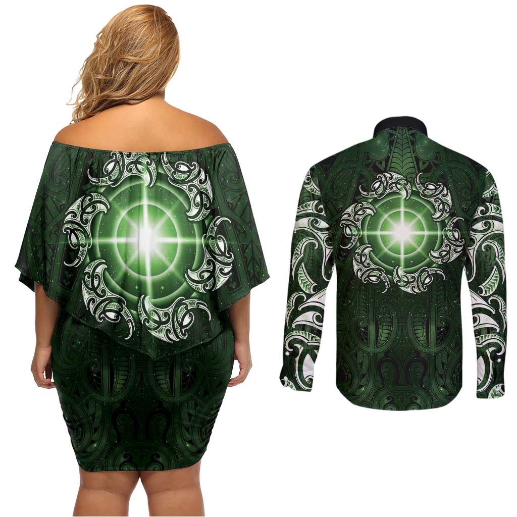 New Zealand Matariki Tupuarangi Couples Matching Off Shoulder Short Dress and Long Sleeve Button Shirt Maori Moko Green Galaxy