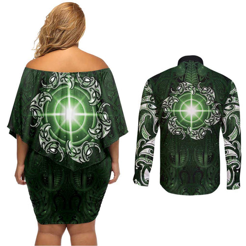 New Zealand Matariki Tupuarangi Couples Matching Off Shoulder Short Dress and Long Sleeve Button Shirt Maori Moko Green Galaxy