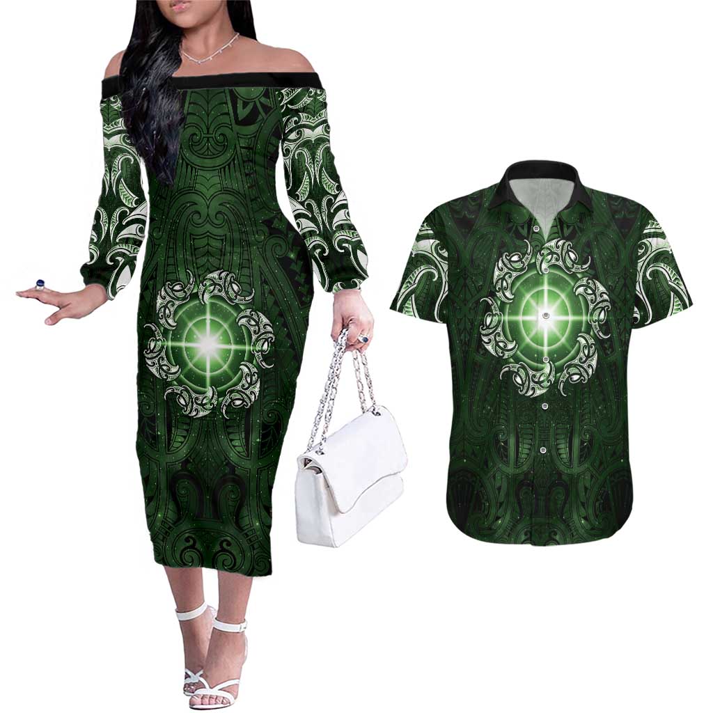 New Zealand Matariki Tupuarangi Couples Matching Off The Shoulder Long Sleeve Dress and Hawaiian Shirt Maori Moko Green Galaxy