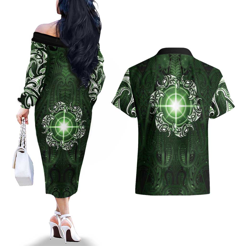 New Zealand Matariki Tupuarangi Couples Matching Off The Shoulder Long Sleeve Dress and Hawaiian Shirt Maori Moko Green Galaxy
