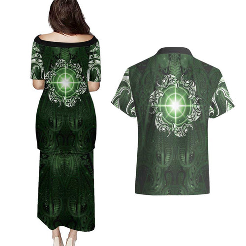 New Zealand Matariki Tupuarangi Couples Matching Puletasi and Hawaiian Shirt Maori Moko Green Galaxy