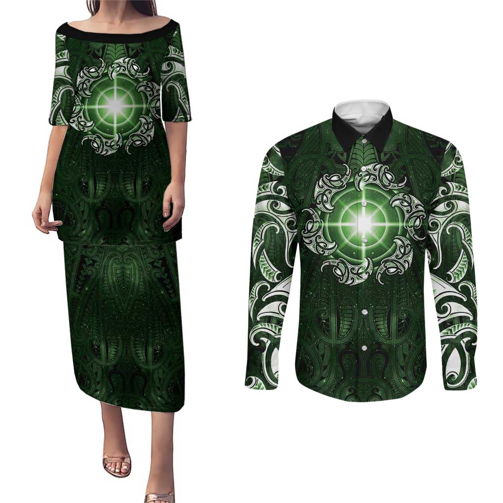 New Zealand Matariki Tupuarangi Couples Matching Puletasi and Long Sleeve Button Shirt Maori Moko Green Galaxy