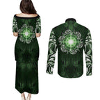New Zealand Matariki Tupuarangi Couples Matching Puletasi and Long Sleeve Button Shirt Maori Moko Green Galaxy
