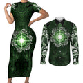 New Zealand Matariki Tupuarangi Couples Matching Short Sleeve Bodycon Dress and Long Sleeve Button Shirt Maori Moko Green Galaxy