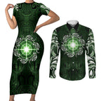 New Zealand Matariki Tupuarangi Couples Matching Short Sleeve Bodycon Dress and Long Sleeve Button Shirt Maori Moko Green Galaxy