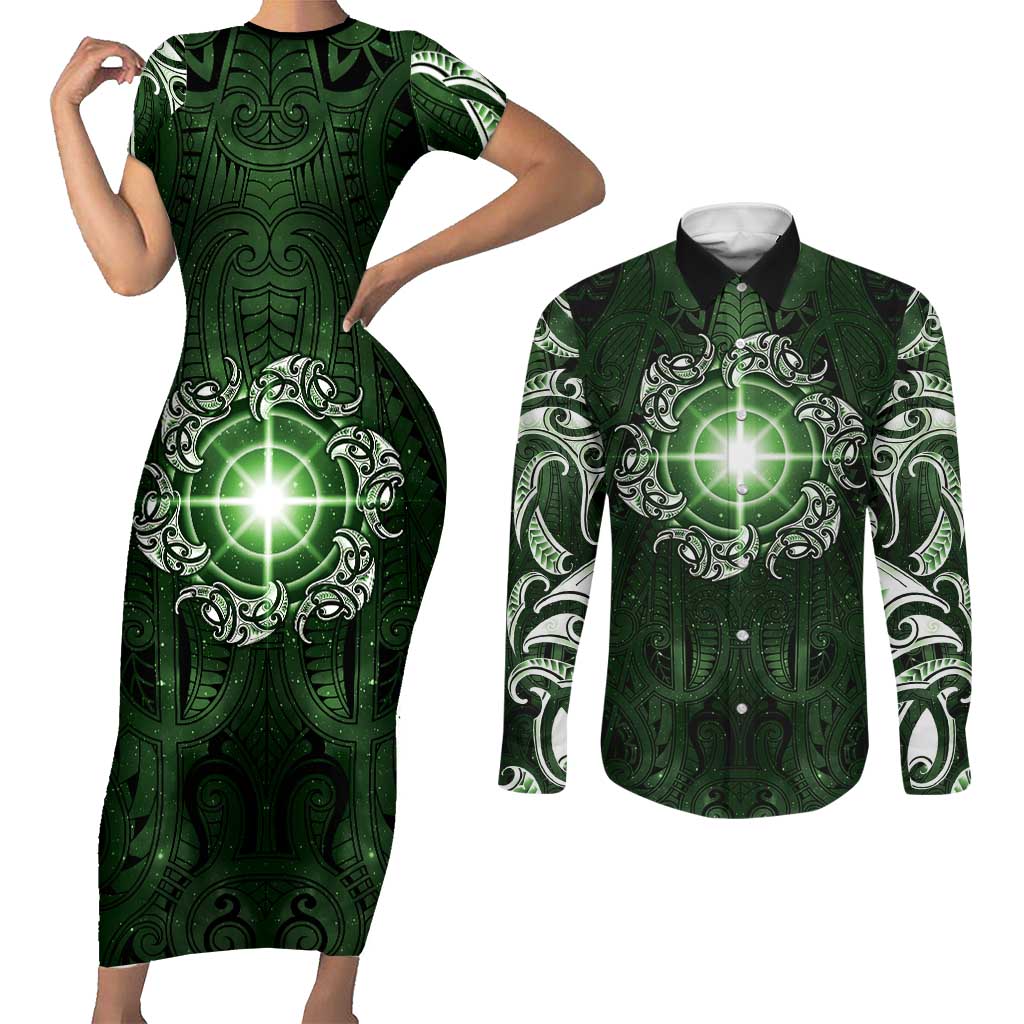 New Zealand Matariki Tupuarangi Couples Matching Short Sleeve Bodycon Dress and Long Sleeve Button Shirt Maori Moko Green Galaxy