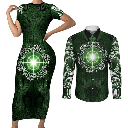 New Zealand Matariki Tupuarangi Couples Matching Short Sleeve Bodycon Dress and Long Sleeve Button Shirt Maori Moko Green Galaxy