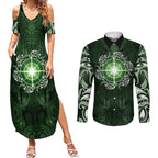 New Zealand Matariki Tupuarangi Couples Matching Summer Maxi Dress and Long Sleeve Button Shirt Maori Moko Green Galaxy