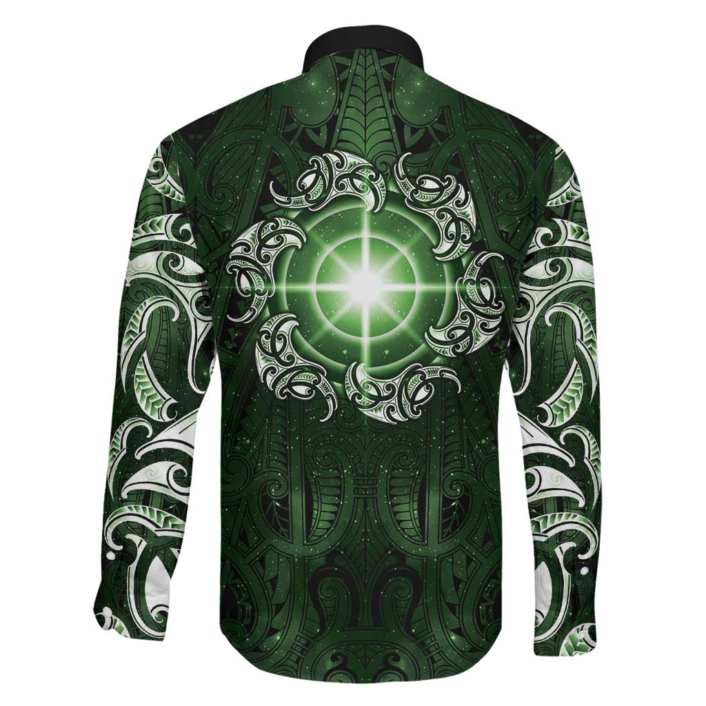 New Zealand Matariki Tupuarangi Family Matching Long Sleeve Bodycon Dress and Hawaiian Shirt Maori Moko Green Galaxy