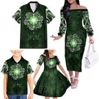 New Zealand Matariki Tupuarangi Family Matching Off The Shoulder Long Sleeve Dress and Hawaiian Shirt Maori Moko Green Galaxy