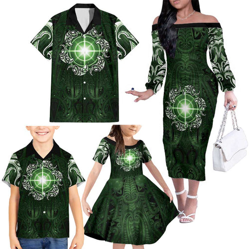 New Zealand Matariki Tupuarangi Family Matching Off The Shoulder Long Sleeve Dress and Hawaiian Shirt Maori Moko Green Galaxy