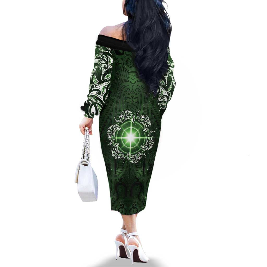 New Zealand Matariki Tupuarangi Family Matching Off The Shoulder Long Sleeve Dress and Hawaiian Shirt Maori Moko Green Galaxy