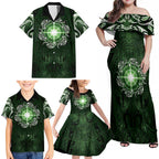 New Zealand Matariki Tupuarangi Family Matching Off Shoulder Maxi Dress and Hawaiian Shirt Maori Moko Green Galaxy