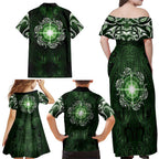 New Zealand Matariki Tupuarangi Family Matching Off Shoulder Maxi Dress and Hawaiian Shirt Maori Moko Green Galaxy