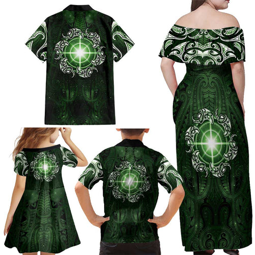 New Zealand Matariki Tupuarangi Family Matching Off Shoulder Maxi Dress and Hawaiian Shirt Maori Moko Green Galaxy