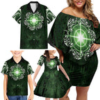 New Zealand Matariki Tupuarangi Family Matching Off Shoulder Short Dress and Hawaiian Shirt Maori Moko Green Galaxy