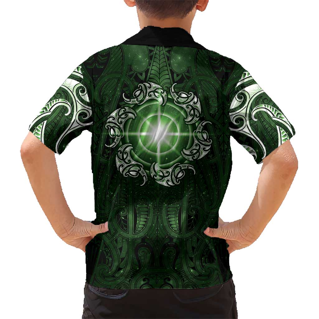 New Zealand Matariki Tupuarangi Family Matching Off Shoulder Short Dress and Hawaiian Shirt Maori Moko Green Galaxy