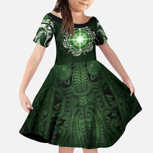 New Zealand Matariki Tupuarangi Family Matching Off Shoulder Short Dress and Hawaiian Shirt Maori Moko Green Galaxy