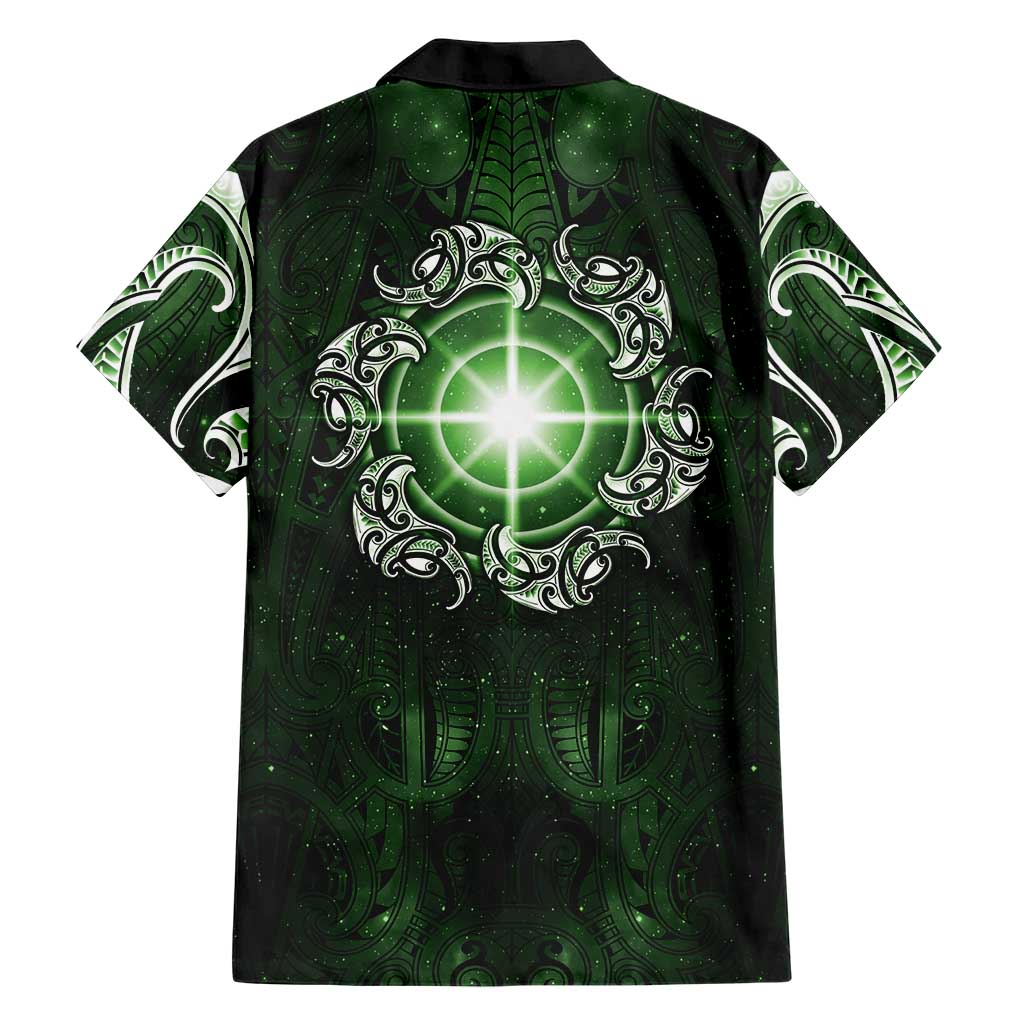 New Zealand Matariki Tupuarangi Family Matching Off Shoulder Short Dress and Hawaiian Shirt Maori Moko Green Galaxy