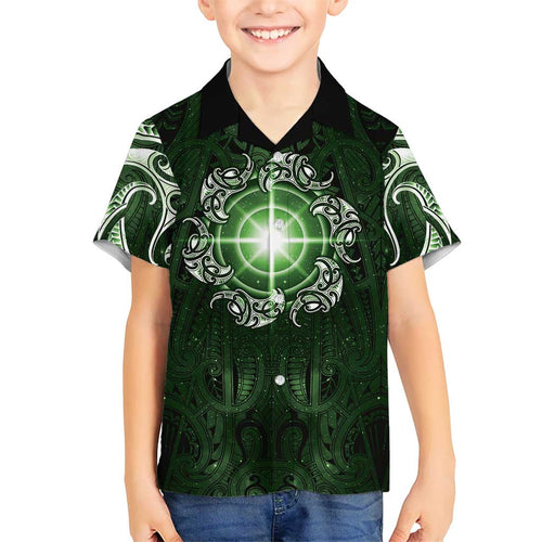 New Zealand Matariki Tupuarangi Family Matching Off Shoulder Short Dress and Hawaiian Shirt Maori Moko Green Galaxy