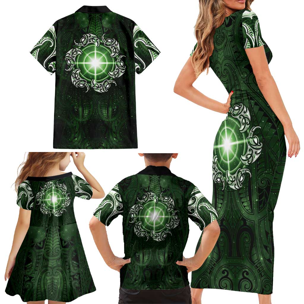 New Zealand Matariki Tupuarangi Family Matching Short Sleeve Bodycon Dress and Hawaiian Shirt Maori Moko Green Galaxy