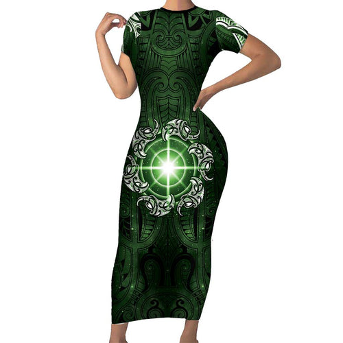 New Zealand Matariki Tupuarangi Family Matching Short Sleeve Bodycon Dress and Hawaiian Shirt Maori Moko Green Galaxy