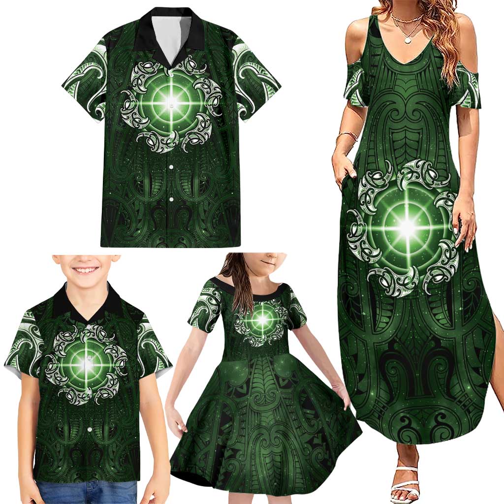New Zealand Matariki Tupuarangi Family Matching Summer Maxi Dress and Hawaiian Shirt Maori Moko Green Galaxy