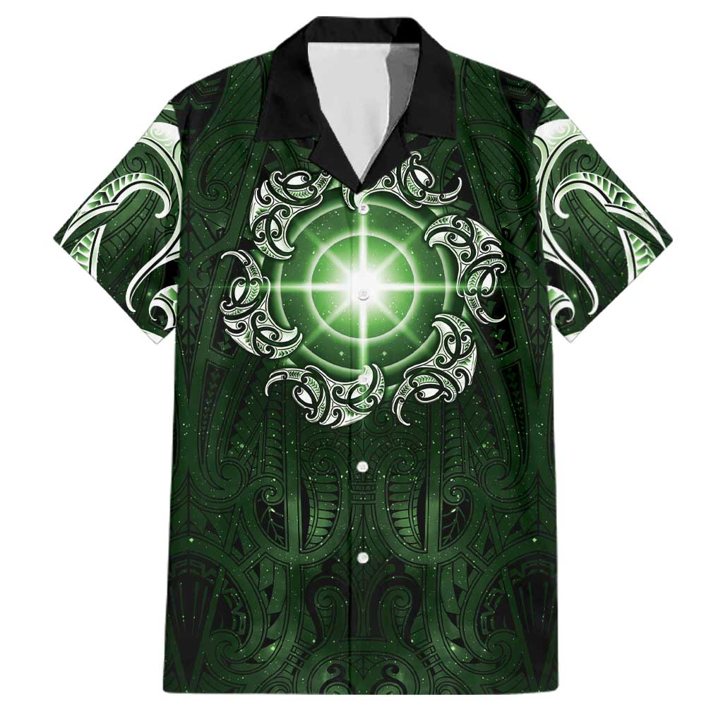 New Zealand Matariki Tupuarangi Family Matching Summer Maxi Dress and Hawaiian Shirt Maori Moko Green Galaxy
