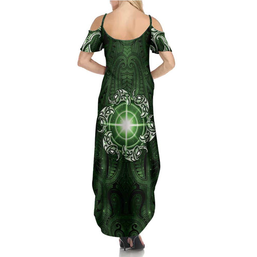New Zealand Matariki Tupuarangi Family Matching Summer Maxi Dress and Hawaiian Shirt Maori Moko Green Galaxy