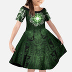 New Zealand Matariki Tupuarangi Kid Short Sleeve Dress Maori Moko Green Galaxy
