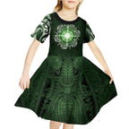 New Zealand Matariki Tupuarangi Kid Short Sleeve Dress Maori Moko Green Galaxy