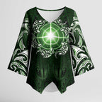 New Zealand Matariki Tupuarangi Kimono Sleeve Blouse Maori Moko Green Galaxy