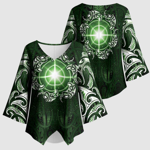 New Zealand Matariki Tupuarangi Kimono Sleeve Blouse Maori Moko Green Galaxy