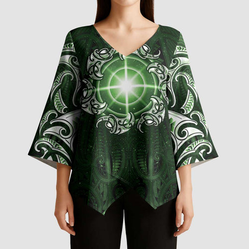 New Zealand Matariki Tupuarangi Kimono Sleeve Blouse Maori Moko Green Galaxy